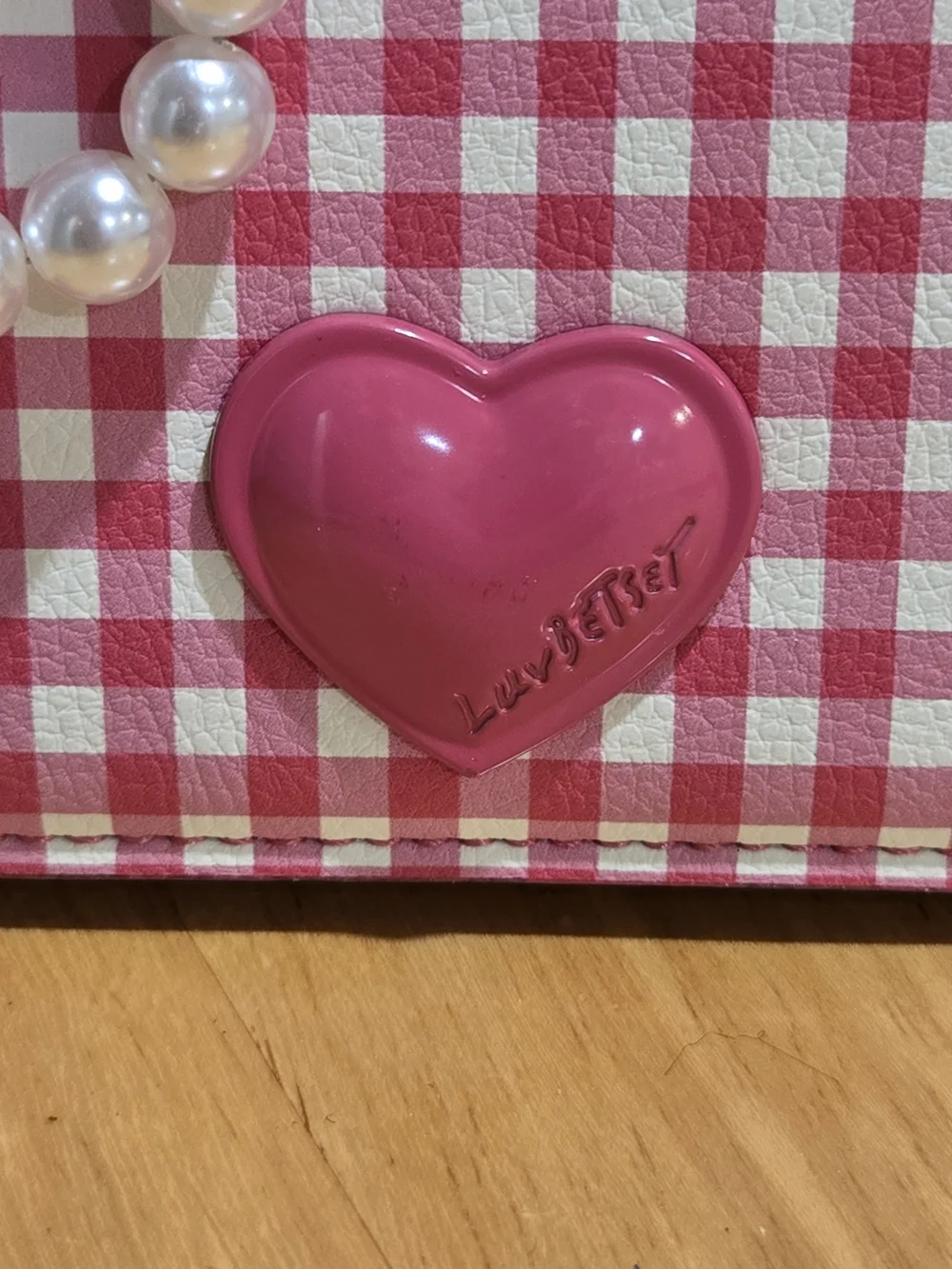 Pink Gingham Crossbody Bag with Heart Accent and Pearl Charm